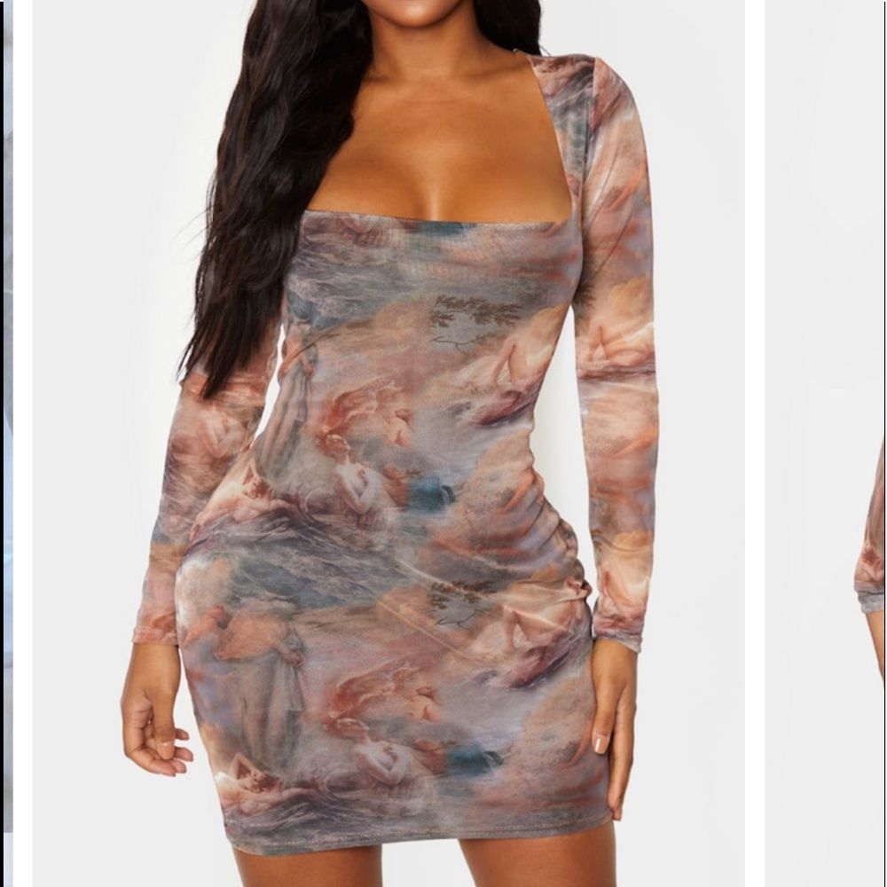 Renaissance Print Mesh Square Neck Bodycon Dress